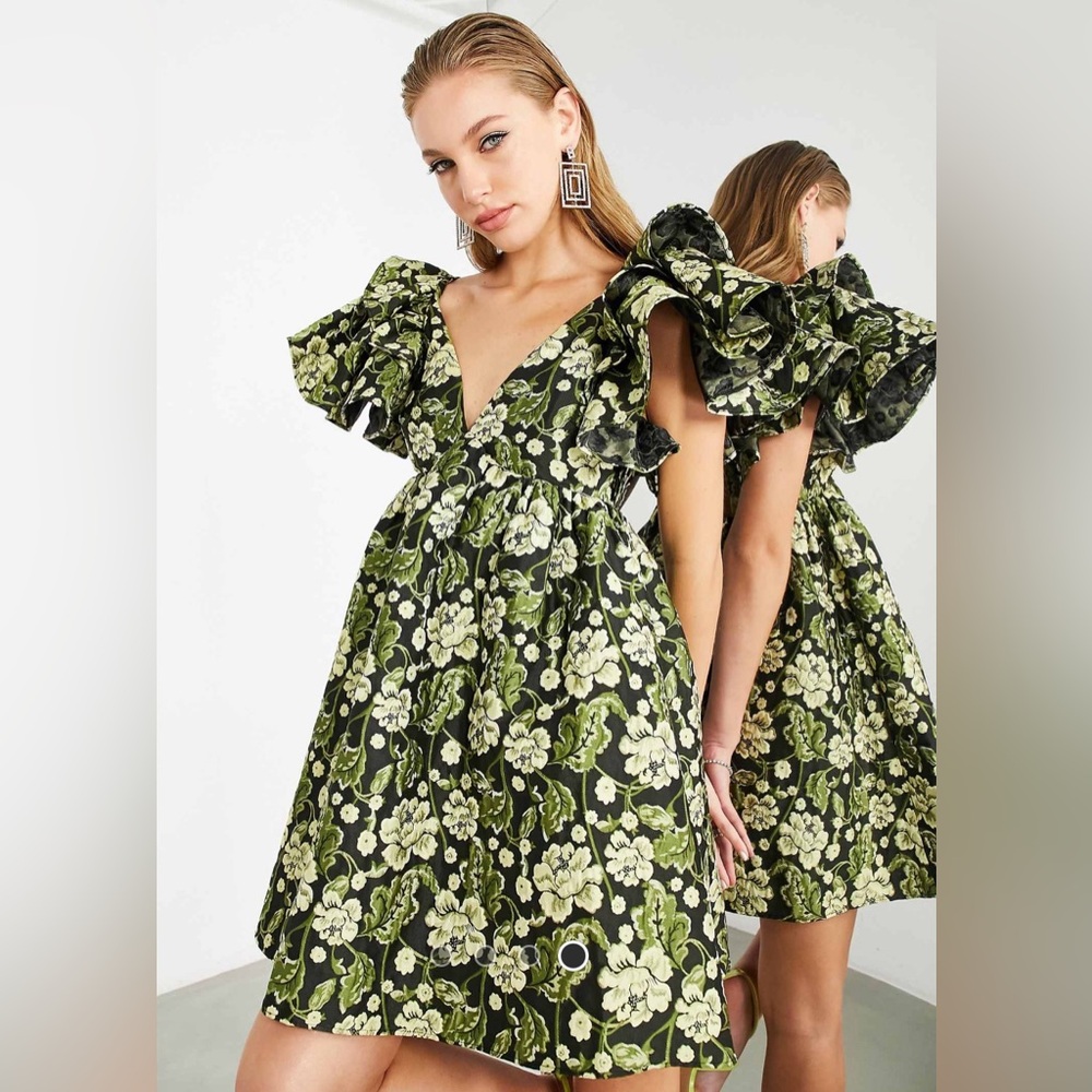 NWT ASOS Edition Floral Jacquard Mini Dress with Ruffle Sleeve